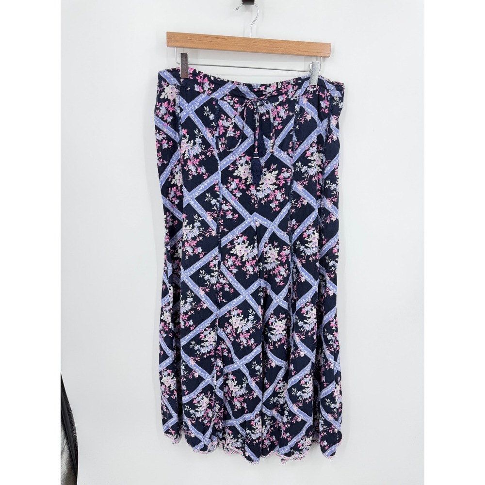 Free‎ People Intimately Floral Wide Leg Pants Womens Large Navy Pink Boho Tassel